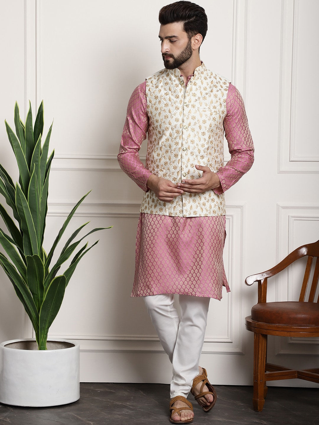 Sojanya Woven Design Mandarin Collar Kurta with Churidar & Nehru Jacket