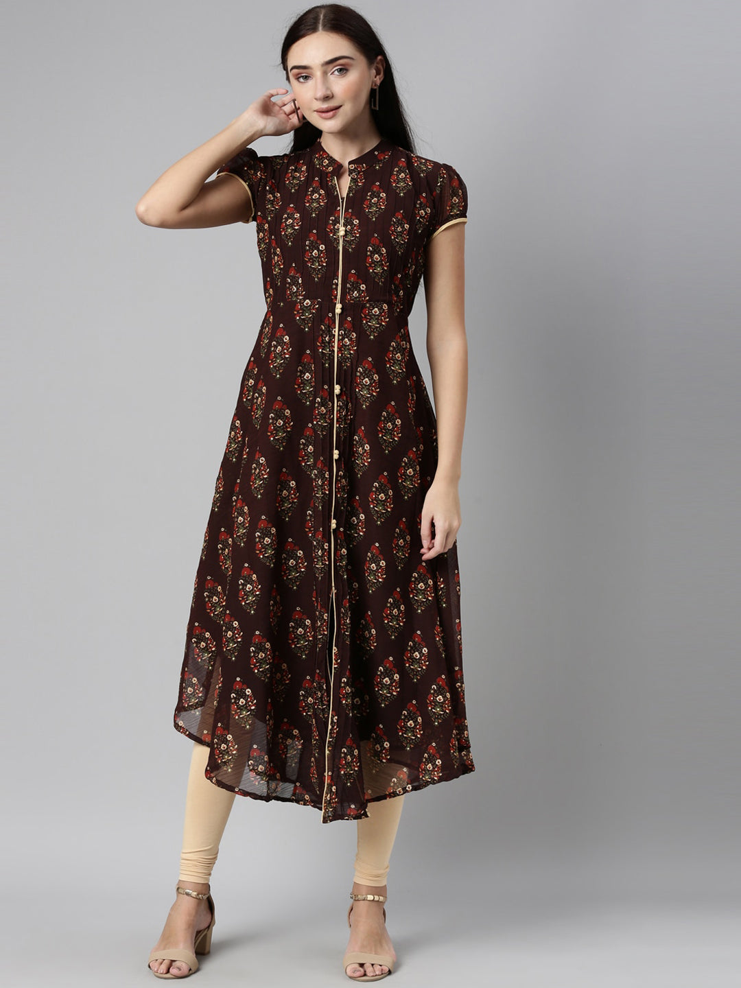 Souchii Women Brown & Red Floral Printed Block Print Kurta