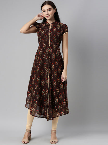 Souchii Women Brown & Red Floral Printed Block Print Kurta