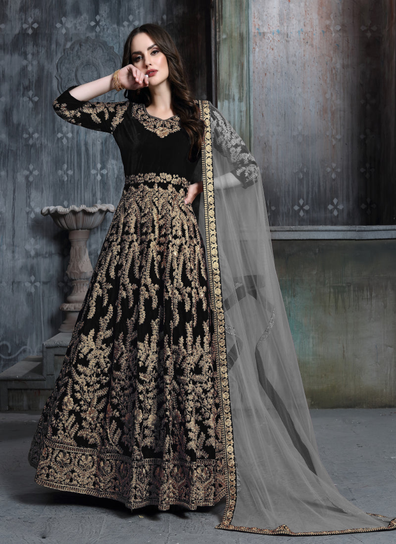 Monjolika Fashion Stunning Dark Blue Color Velvet Embroidery Patiala Suit