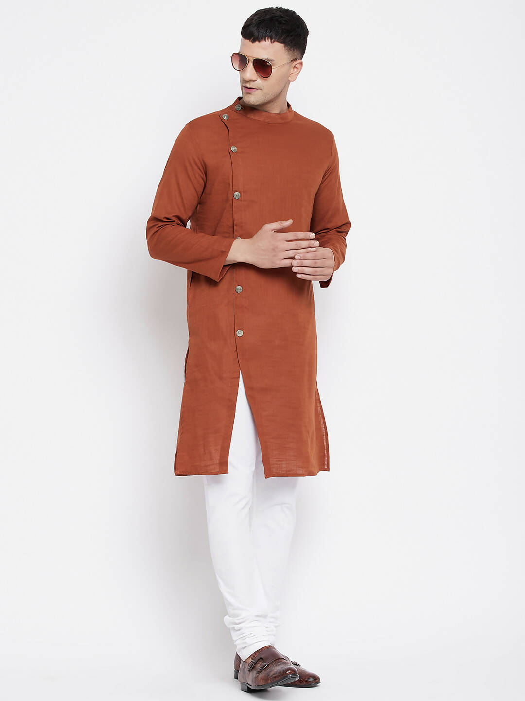 Even Apparels Brown Pure Cotton Men's Sherwani Kurta With Asymetrical Cut