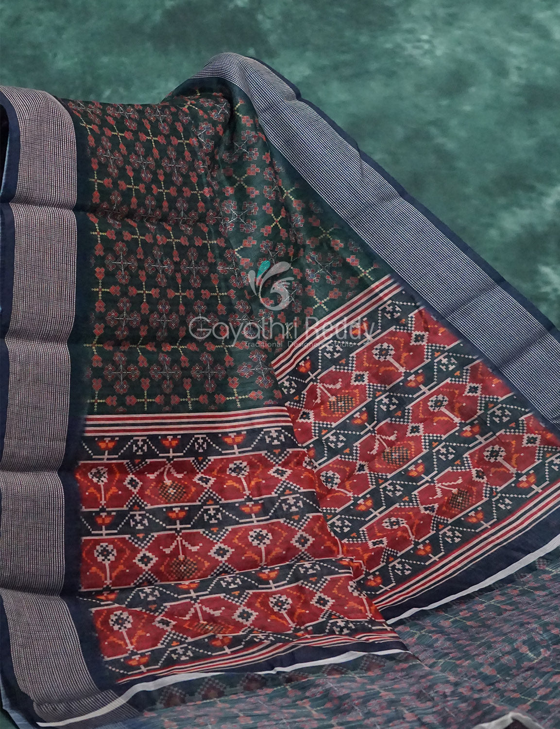 Dark Green and Navy Blue Geometrical Print Semi Chanderi Saree By Gayathri Reddy Designer Studio