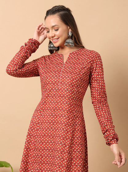FIORRA Women's Floral Printed Red Cotton A-Line Kurta