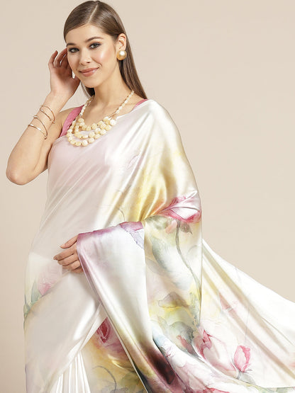 Tikhi Imli White & Pink Digital Floral Print Saree