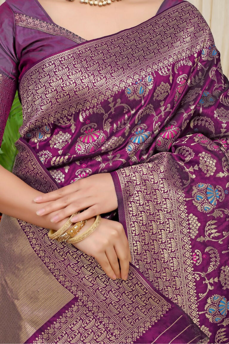 Jyoti Fashion Women's Wine Kanjivaram Silk Zari Woven Saree with Blouse