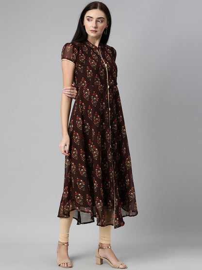 Souchii Women Brown & Red Floral Printed Block Print Kurta