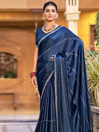 Stylee Lifestyle Navy Blue Shimmer Chiffon Embellished Saree