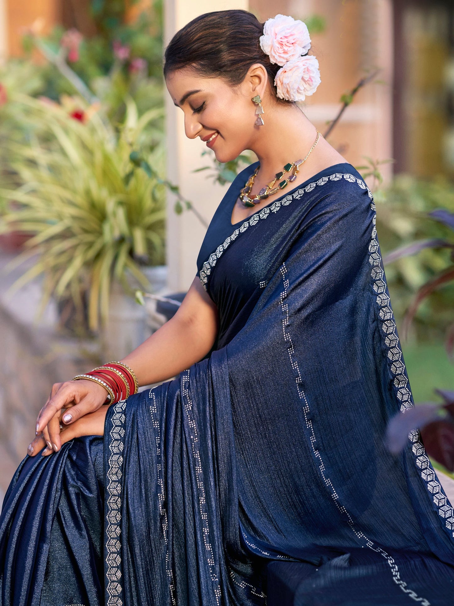 Stylee Lifestyle Navy Blue Shimmer Chiffon Embellished Saree