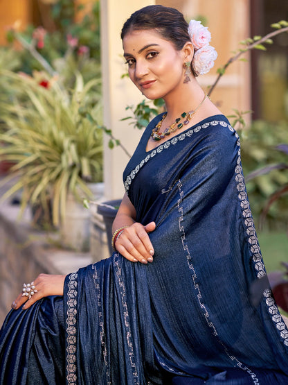 Stylee Lifestyle Navy Blue Shimmer Chiffon Embellished Saree