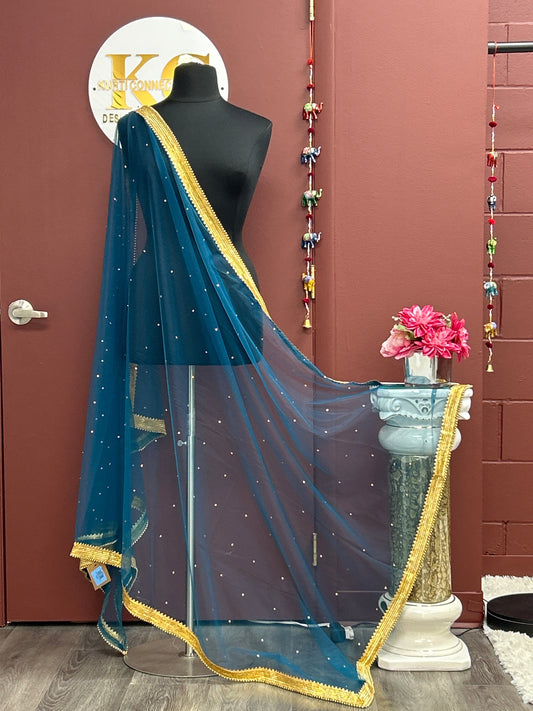 Blue net duppata with heavy lace