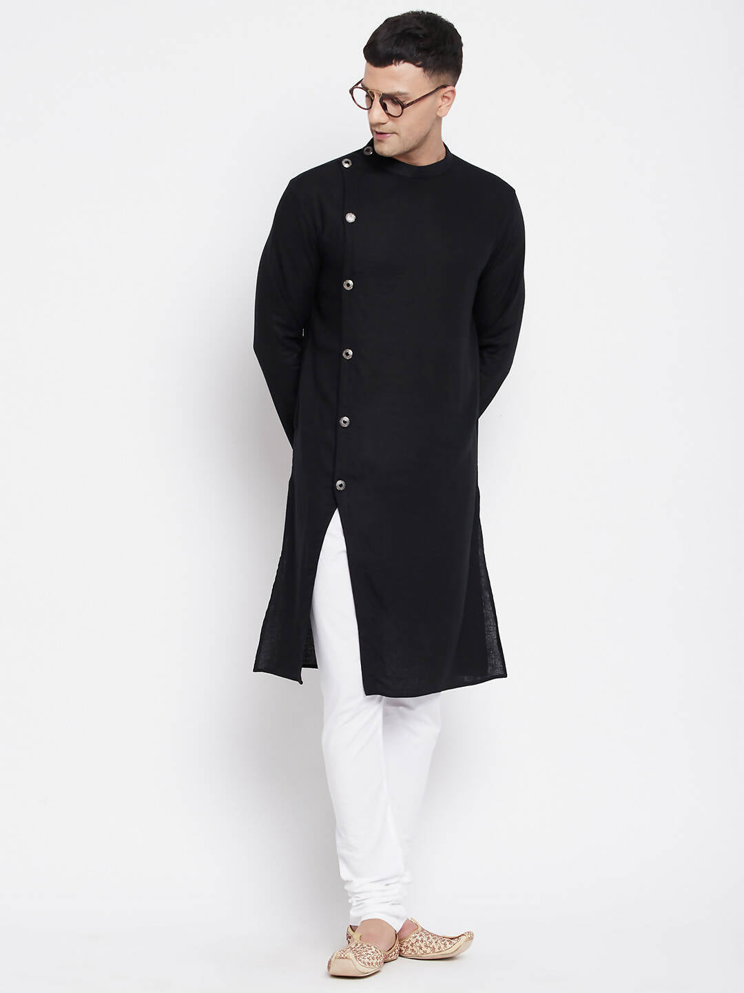 Even Apparels Black Pure Cotton Men's Sherwani Kurta With Asymetrical Cut