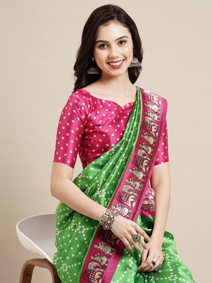 Saree Mall Green & Fuchsia Bandhani Silk Blend Bandhani Sarees