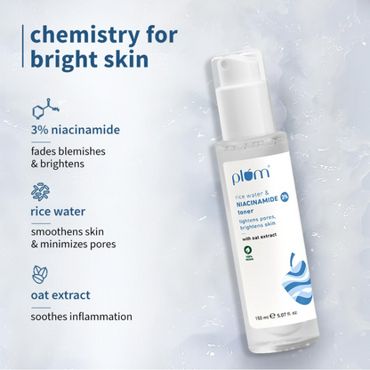 Plum 3% Niacinamide & Rice Water Face Toner - Reduces Pores & Blemishes For Bright Skin