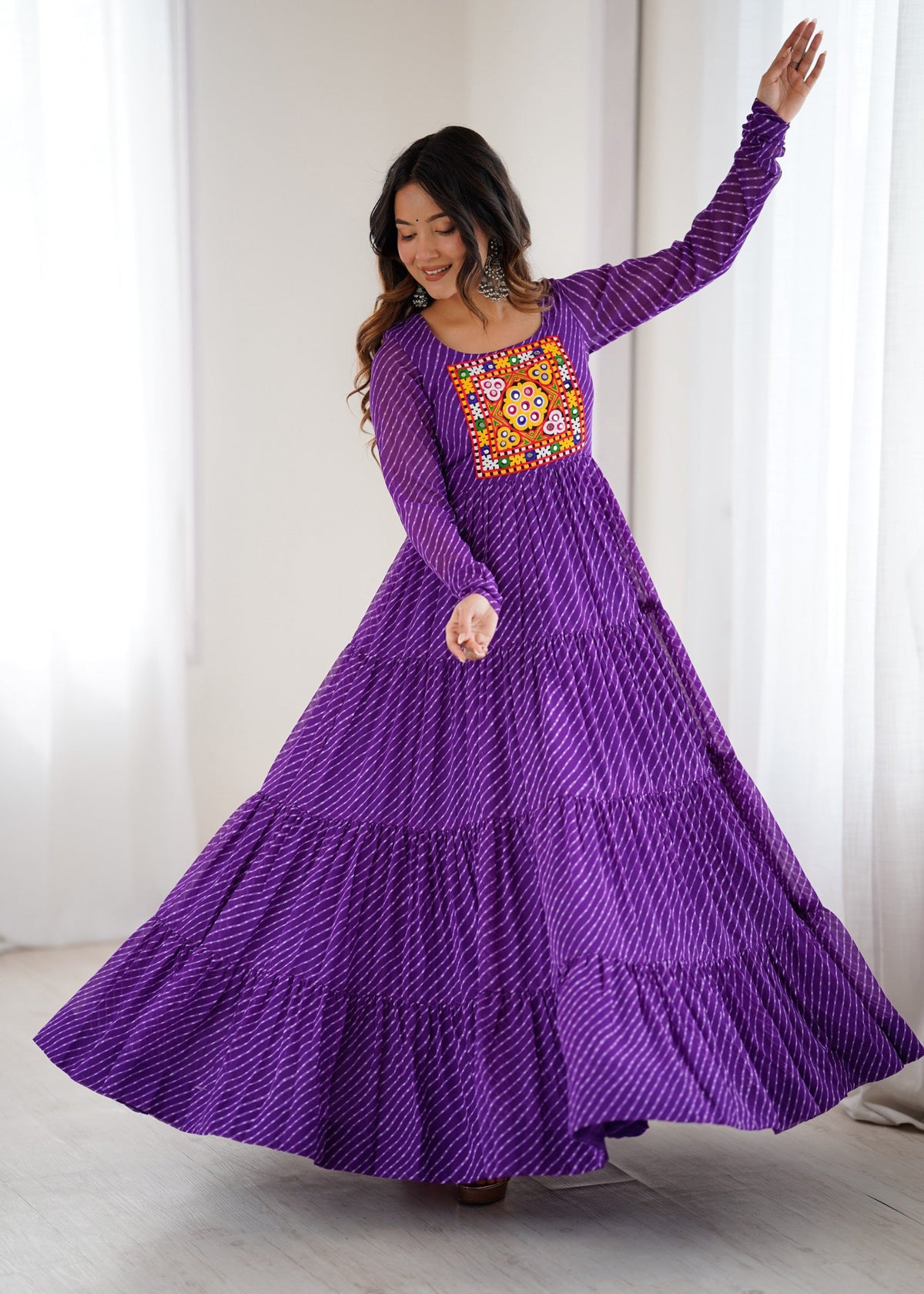 Lorenvalley Fashion Women Pure Soft Faux Georgette Leheriya Print Anarkali Gown