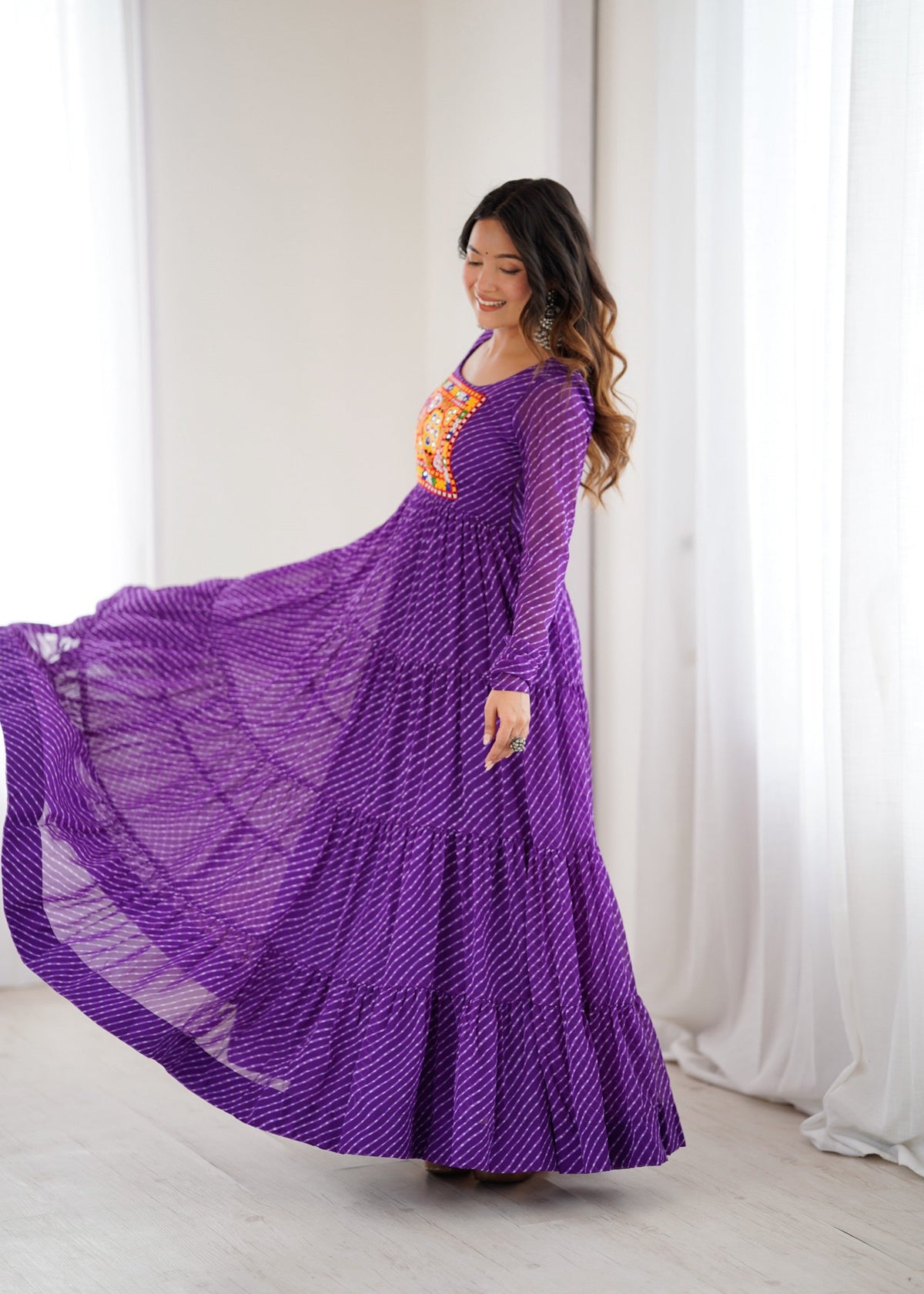 Lorenvalley Fashion Women Pure Soft Faux Georgette Leheriya Print Anarkali Gown