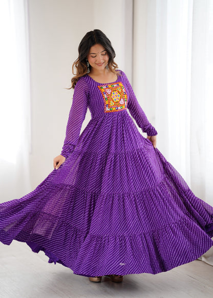 Lorenvalley Fashion Women Pure Soft Faux Georgette Leheriya Print Anarkali Gown