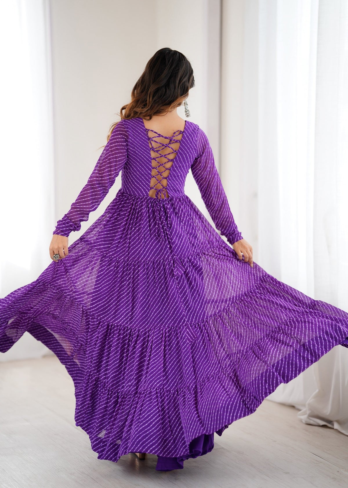 Lorenvalley Fashion Women Pure Soft Faux Georgette Leheriya Print Anarkali Gown