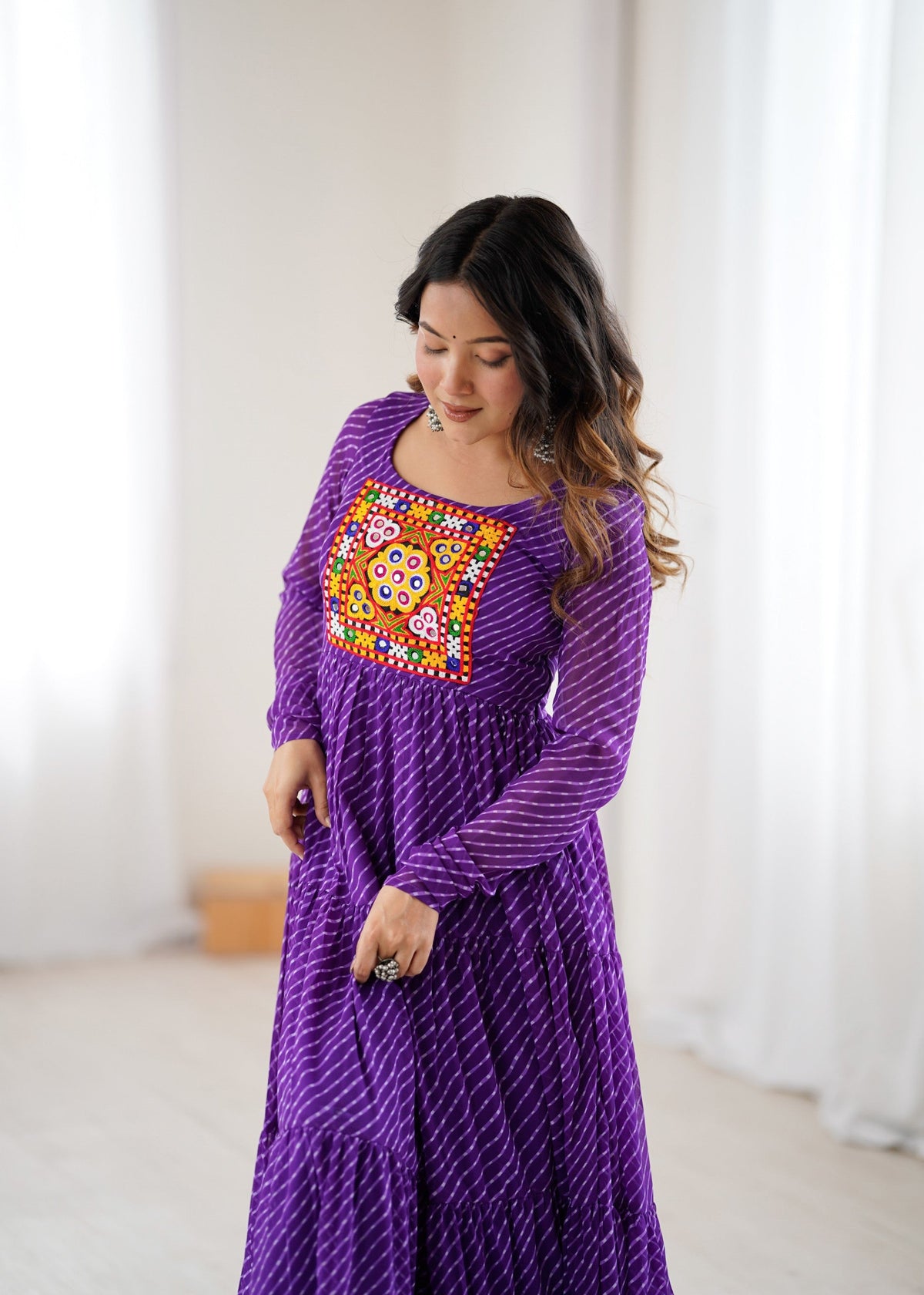 Lorenvalley Fashion Women Pure Soft Faux Georgette Leheriya Print Anarkali Gown