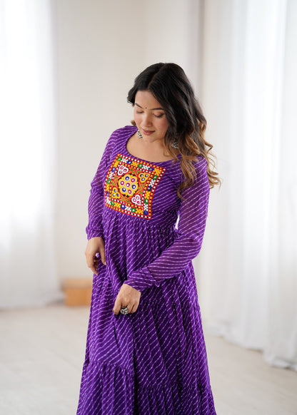 Lorenvalley Fashion Women Pure Soft Faux Georgette Leheriya Print Anarkali Gown