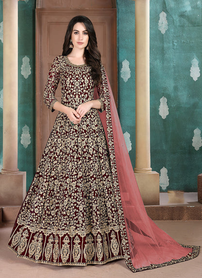 Monjolika Fashion Maroon Georgette Embroidered Salwar Kameez