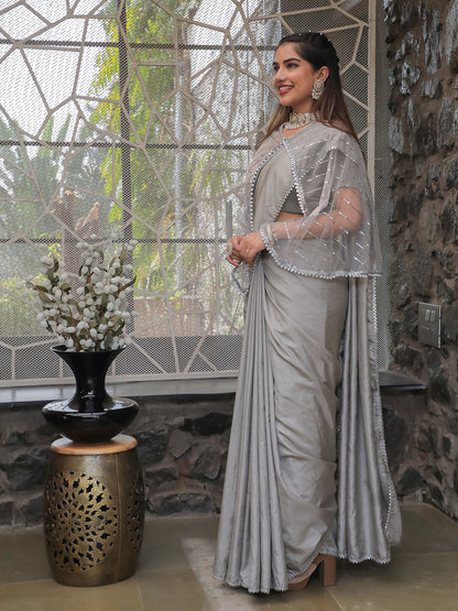 Tikhi Imli Embellished Border Sequinned Saree With Cape
