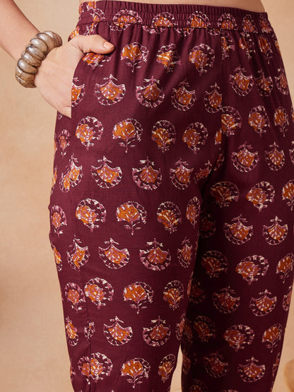 InWeave Burgundy Floral Boota Co Ord Set With Belt