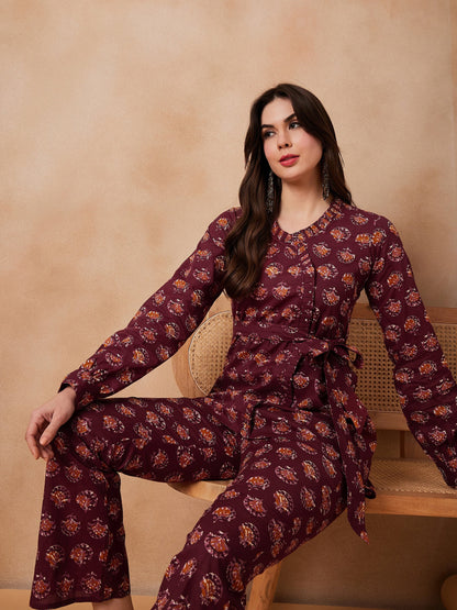 InWeave Burgundy Floral Boota Co Ord Set With Belt