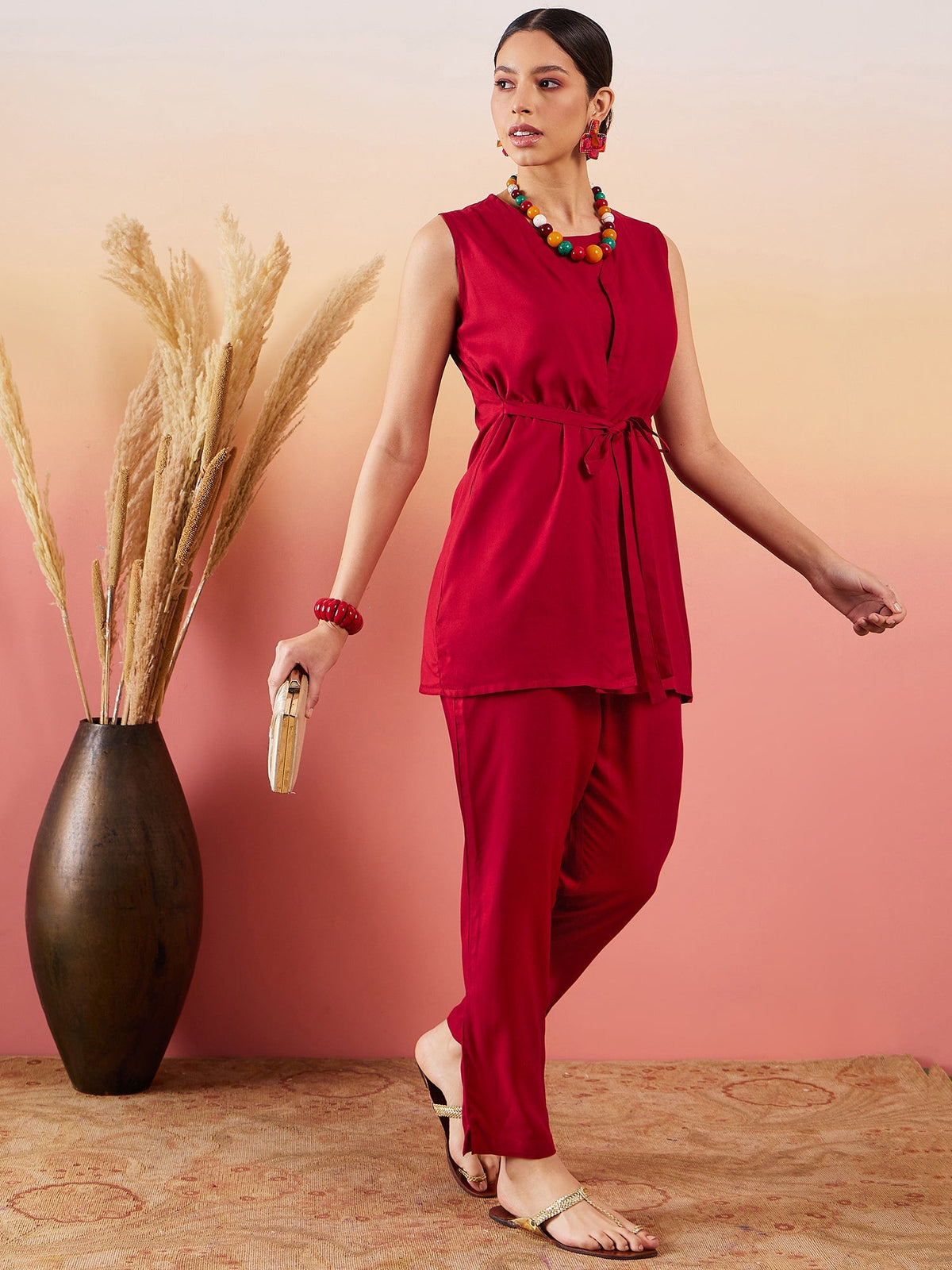 InWeave Maroon 3 Piece Co Ord Set With Belt