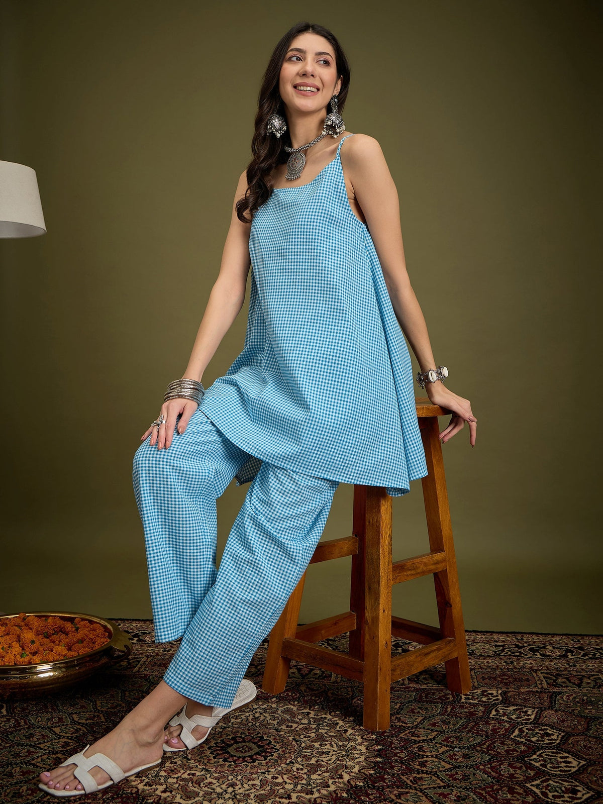 InWeave Cyan Blue Small Check Strappy Co Ord Set