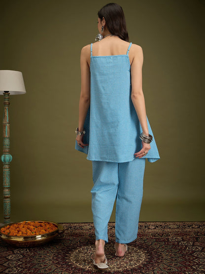 InWeave Cyan Blue Small Check Strappy Co Ord Set