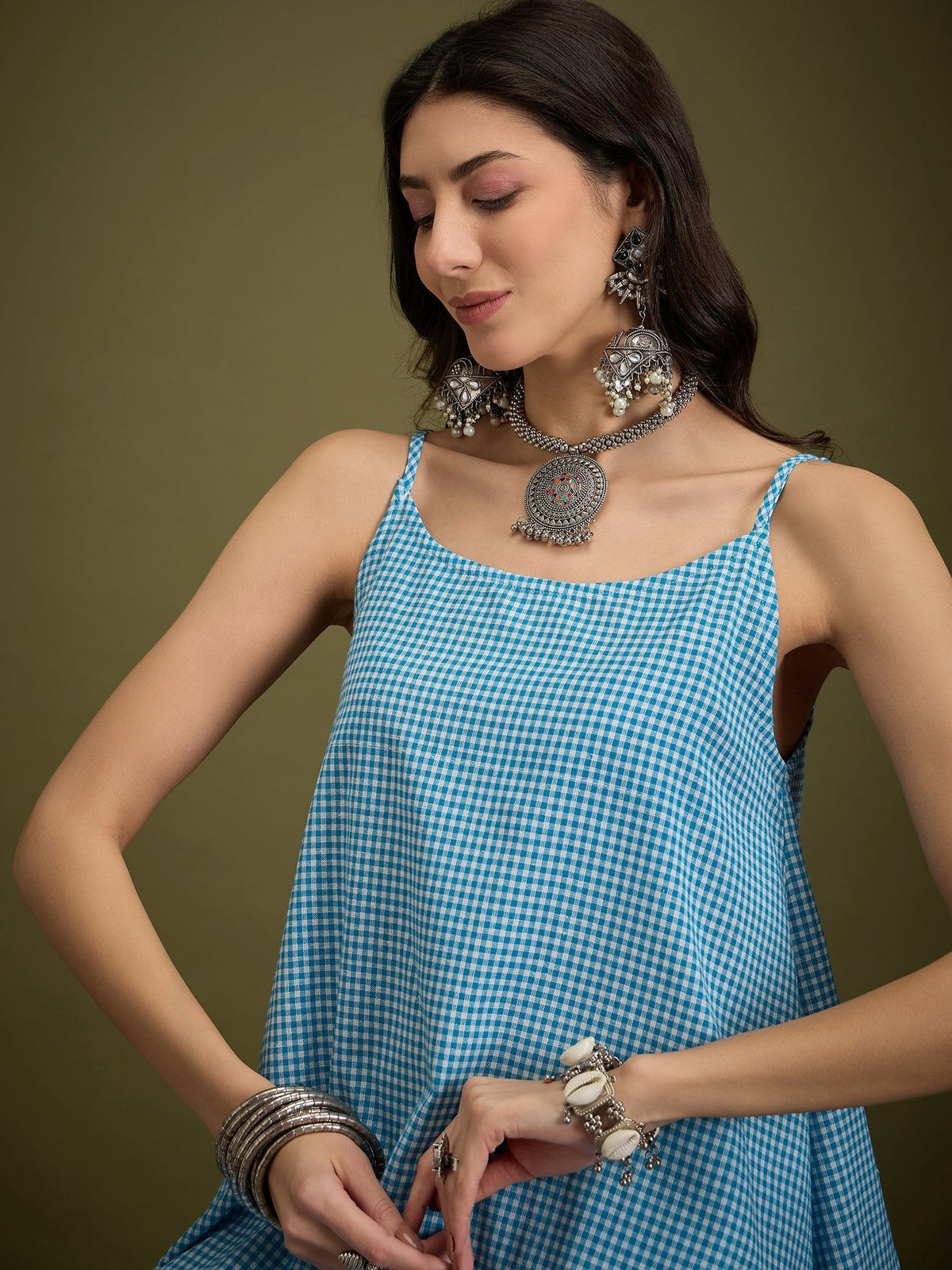 InWeave Cyan Blue Small Check Strappy Co Ord Set