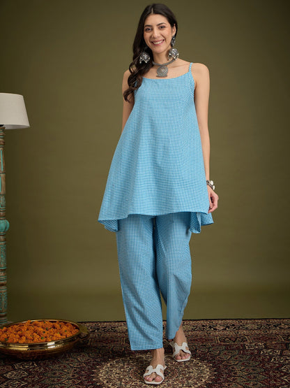 InWeave Cyan Blue Small Check Strappy Co Ord Set