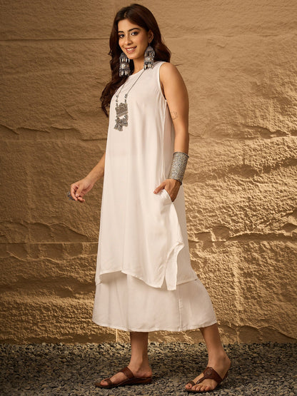 InWeave White Round Neck Short Palazzo Set