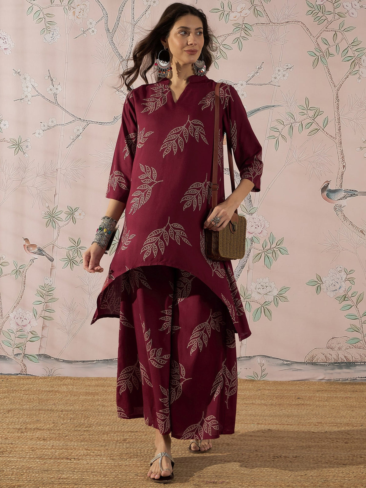 InWeave Dark Maroon Leaf Mandarin Kurta Set