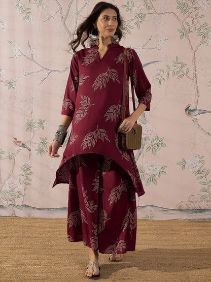 InWeave Dark Maroon Leaf Mandarin Kurta Set