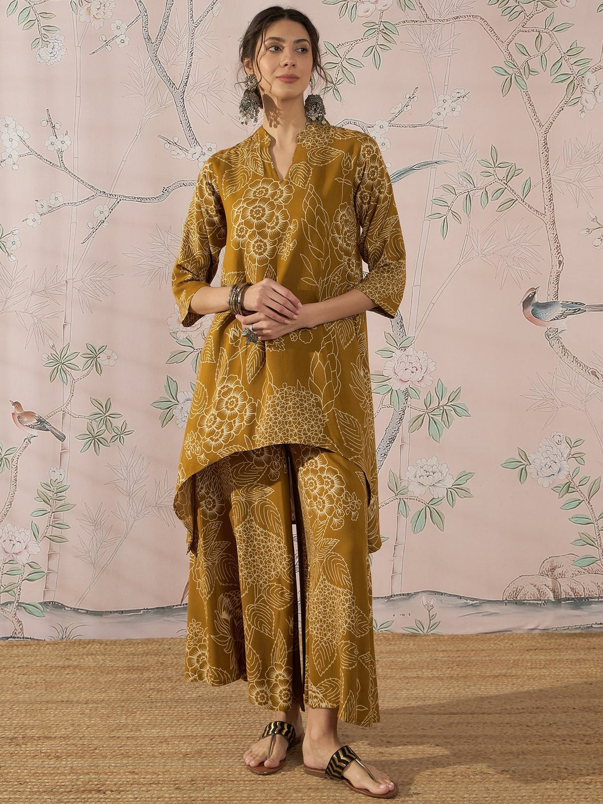 InWeave Dark Yellow Rose Leaf Mandarin Kurta Set