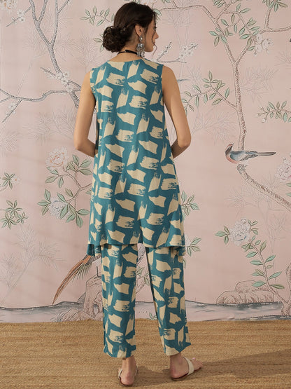 InWeave Marin Teal Beige Slit Kurta Set