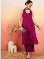 InWeave Women's Wine Lurex Neck Patti Halter Kurta Pant Set
