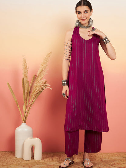 InWeave Women's Wine Lurex Neck Patti Halter Kurta Pant Set