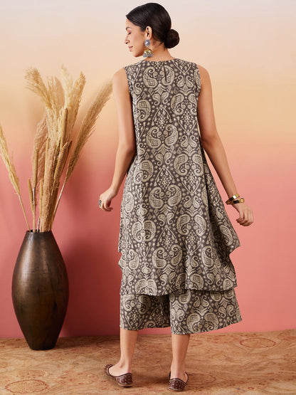 InWeave Dull Brown Paisley Round Neck Kurta Short Palazzo Set