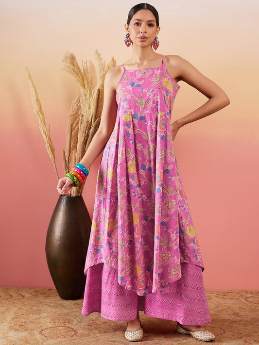 InWeave Dull Pink Floral Print Strappy Printed Palazzo Set