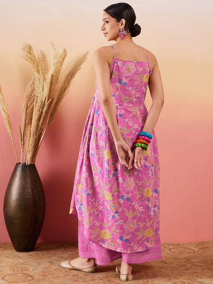InWeave Dull Pink Floral Print Strappy Printed Palazzo Set