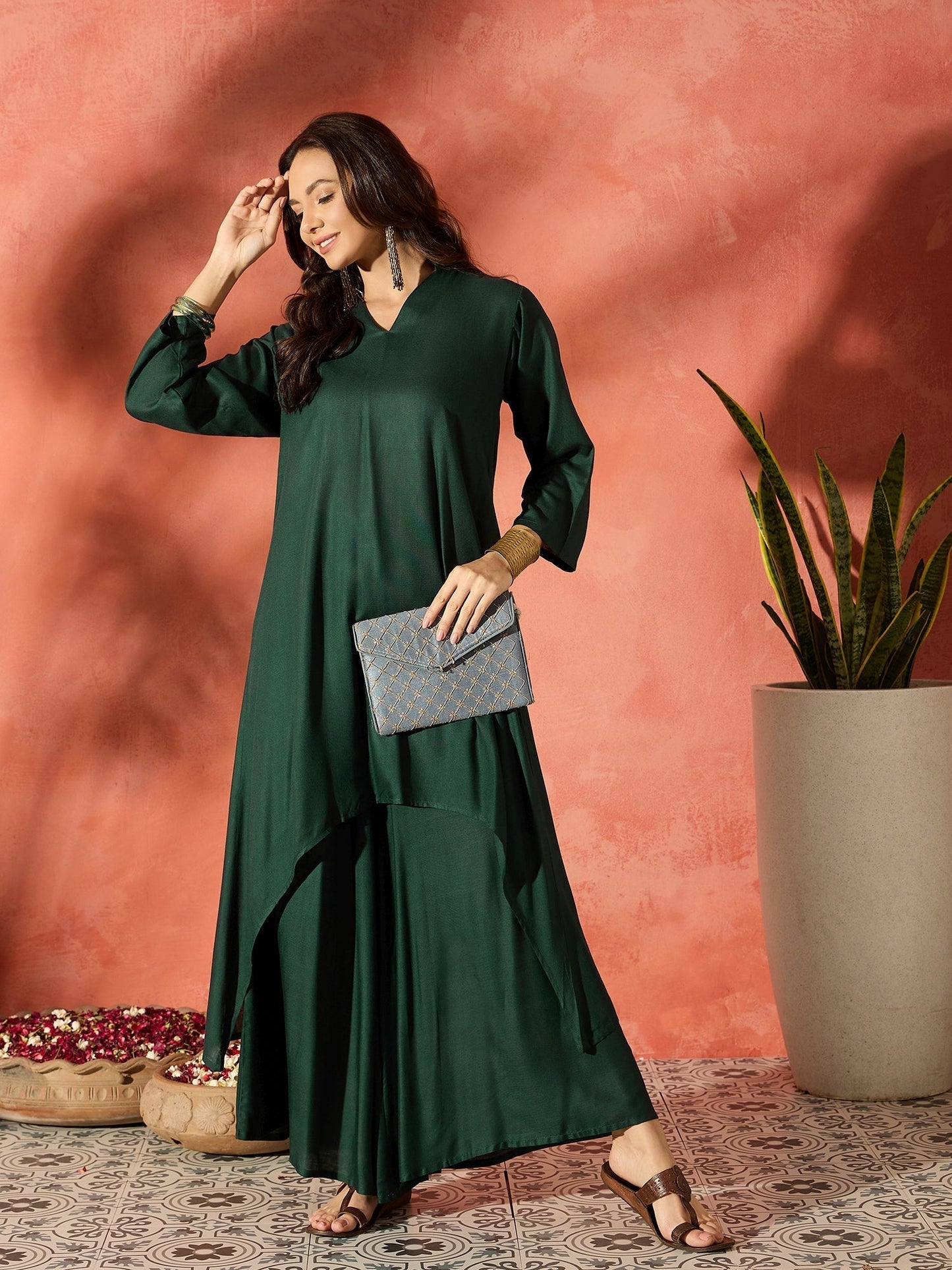 InWeave Dark Green Mandarin Neck High Low Kurta Set