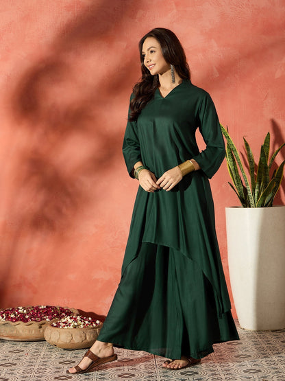 InWeave Dark Green Mandarin Neck High Low Kurta Set