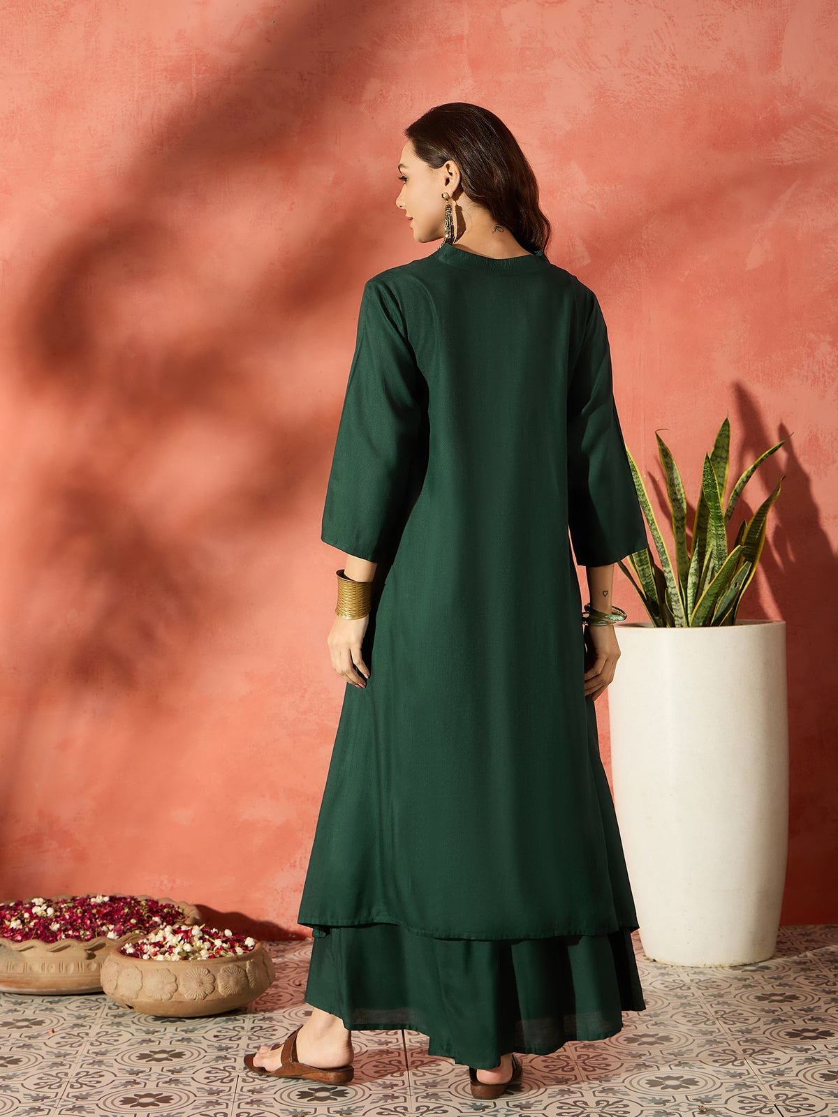 InWeave Dark Green Mandarin Neck High Low Kurta Set