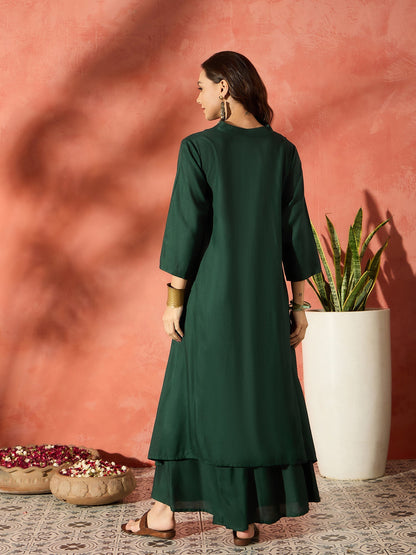 InWeave Dark Green Mandarin Neck High Low Kurta Set