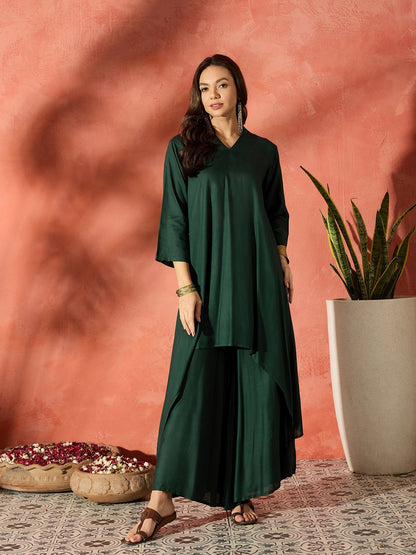 InWeave Dark Green Mandarin Neck High Low Kurta Set