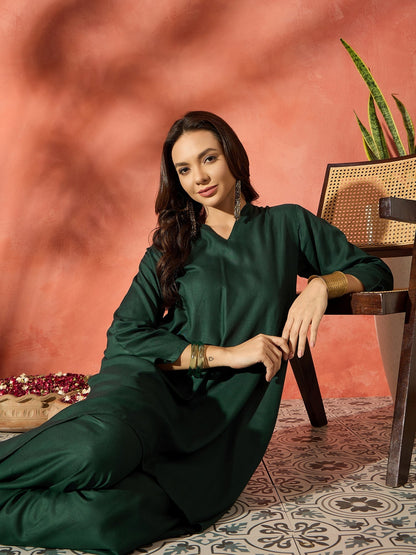 InWeave Dark Green Mandarin Neck High Low Kurta Set