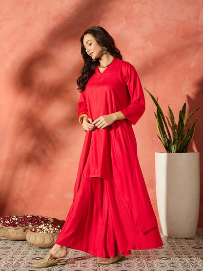 InWeave Red Mandarin Neck High Low Kurta Set