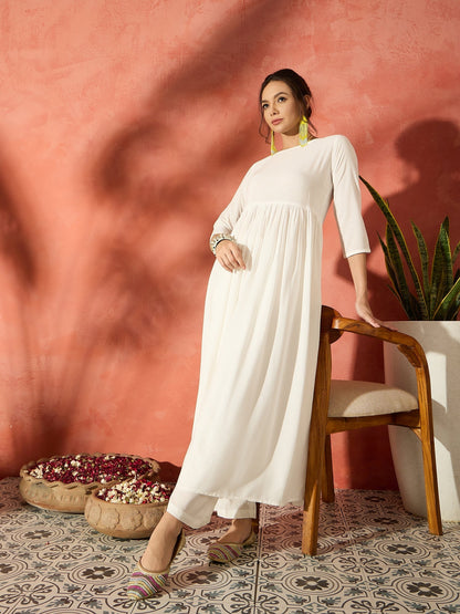 InWeave White Long Anarkali Kurta Pant Set